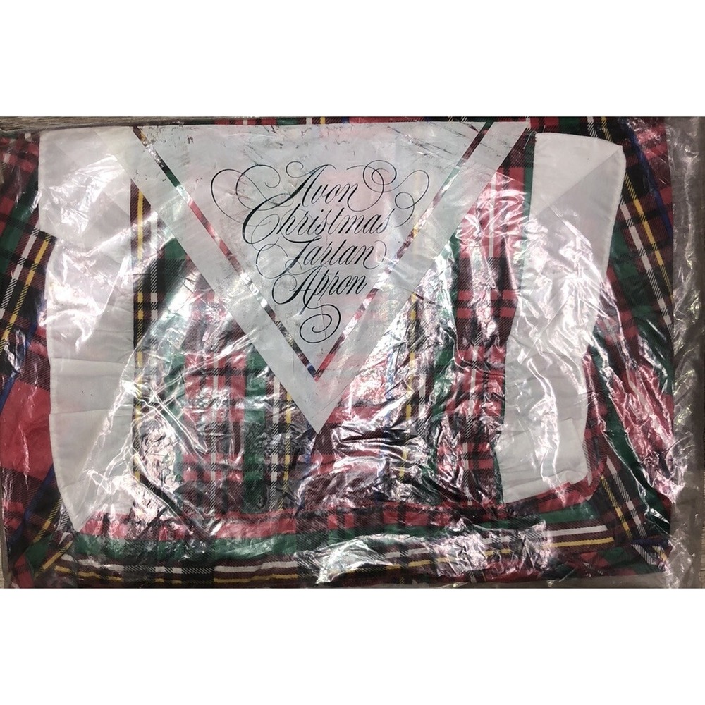 Vintage Avon Apron Tartan Red Green‎ Plaid Full Bib Christmas Ruffle 1986 NEW
